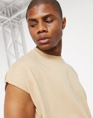 ASOS DESIGN oversized longline t-shirt with roll sleeve in beige | ASOS