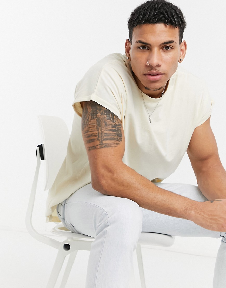 ASOS DESIGN oversized longline t-shirt with roll sleeve in beige-Neutral