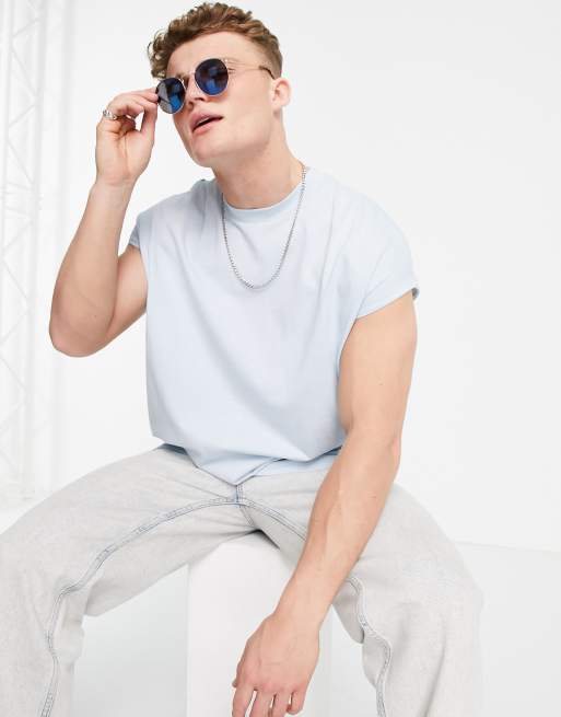 ASOS DESIGN oversized longline t-shirt with roll sleeve in blue