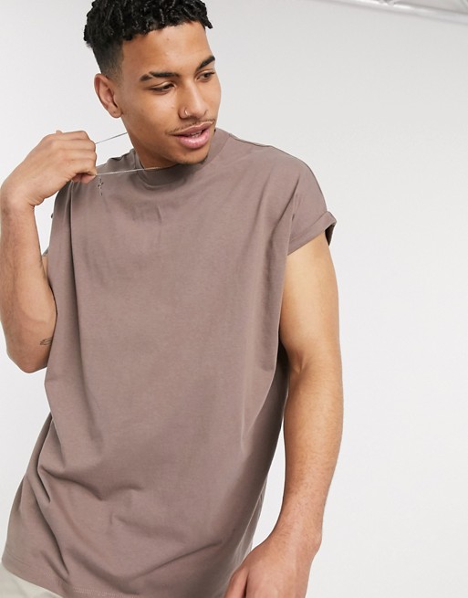 ASOS DESIGN oversized longline t-shirt with roll sleeve in brown
