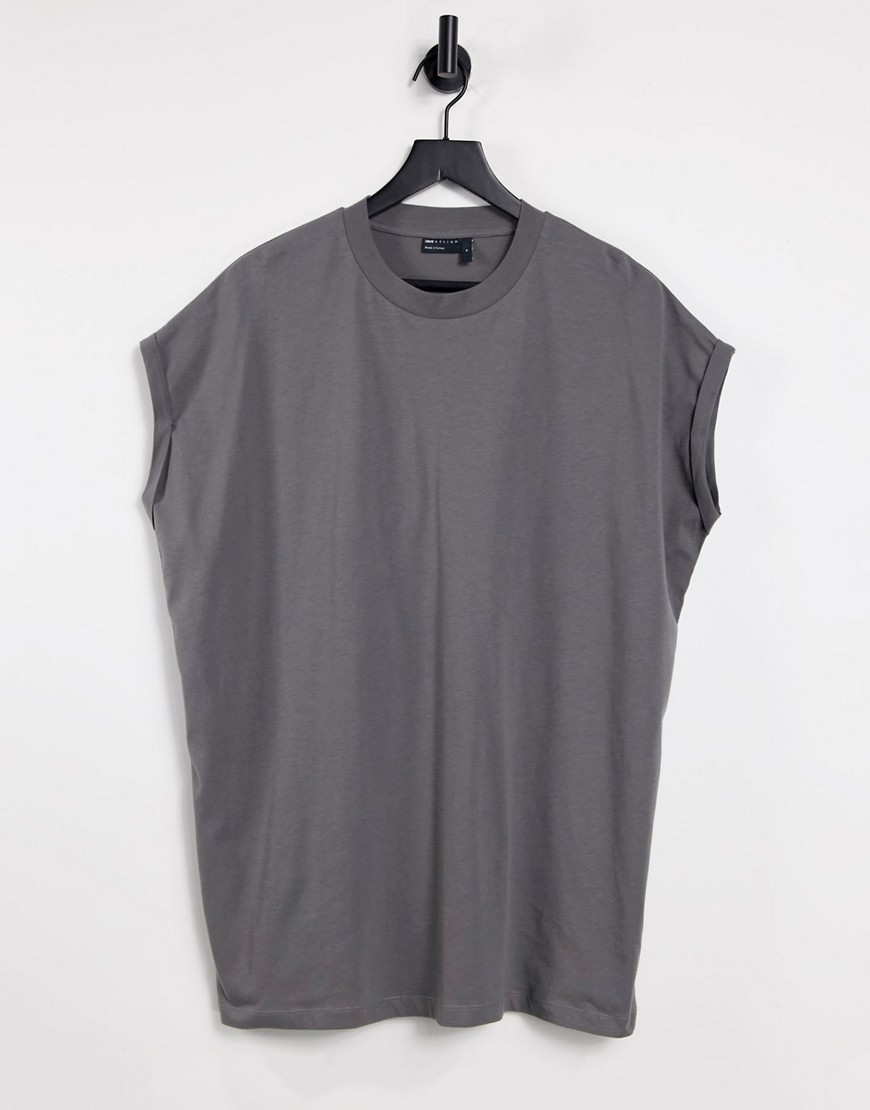 ASOS DESIGN oversized longline t-shirt with roll sleeve in washed black