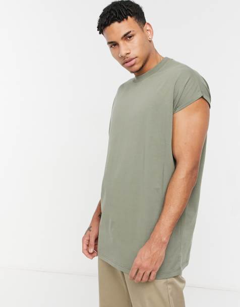 ASOS DESIGN oversized longline t-shirt with roll sleeve in washed khaki - view 1