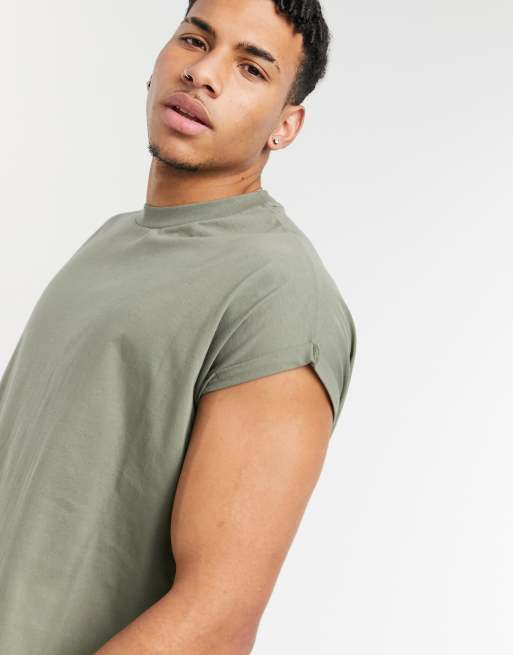 ASOS DESIGN oversized longline T-shirt with roll sleeve in washed khaki, 3 of 4