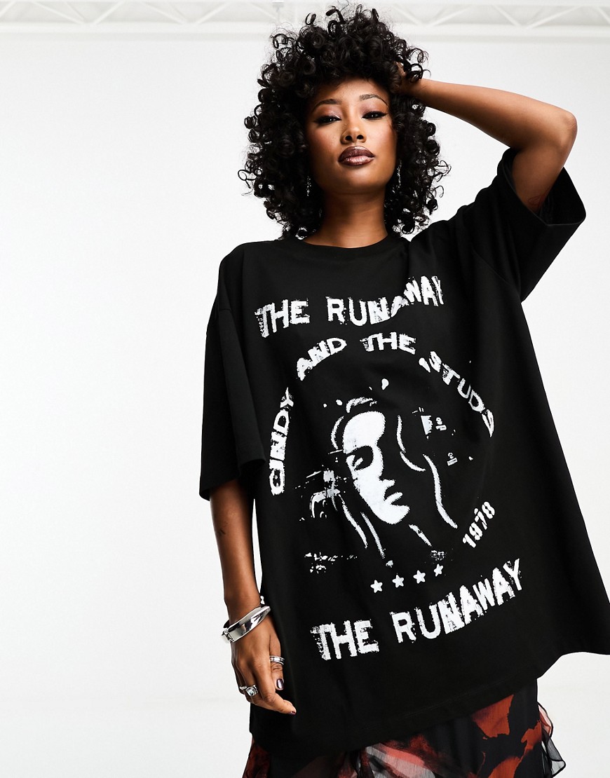 ASOS DESIGN oversized longline t-shirt with the runaway rock graphic in black