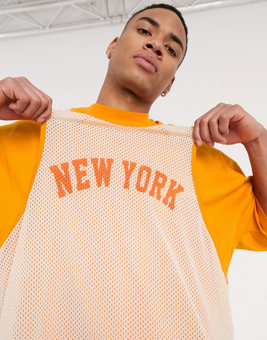 ASOS DESIGN - Oversized longline t-shirt med lag i mesh og byprint-Orange
