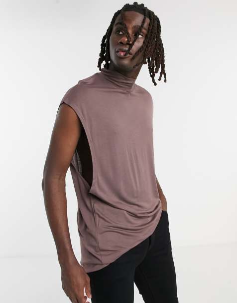 ASOS DESIGN oversized longline viscose vest with high neck in washed beige - view 1