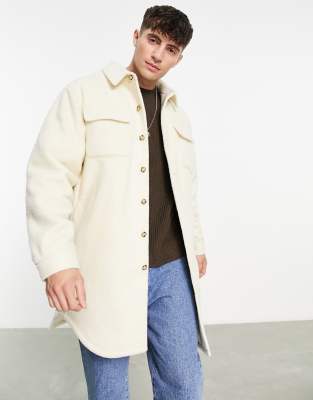 ASOS DESIGN oversized longline wool look shacket in off white | ASOS
