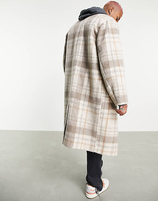 ASOS DESIGN oversized longline wool mix check overcoat in ecru, 2 of 4