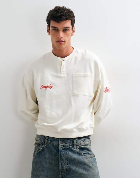 ASOS DESIGN oversized loopback bomber henley with embroidery in ecru - view 1