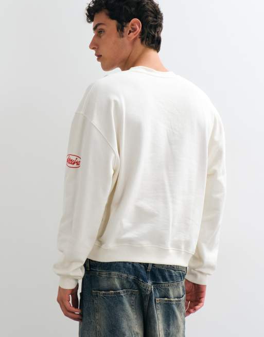 ASOS DESIGN oversized loopback bomber henley with embroidery in ecru, 2 of 5