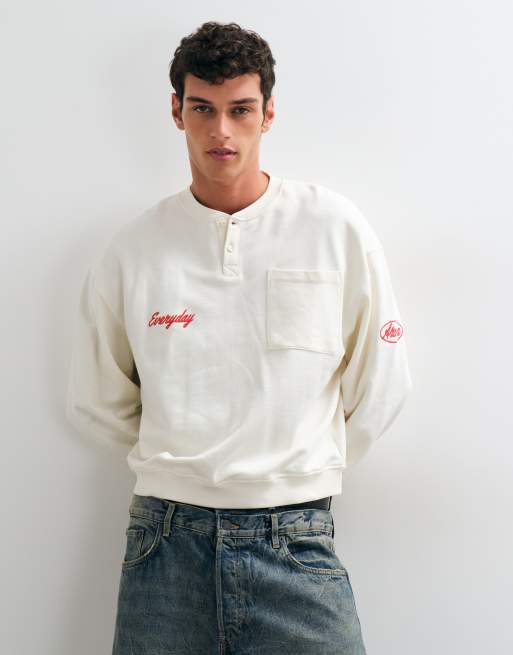 ASOS DESIGN oversized loopback bomber henley with embroidery in ecru, 3 of 5