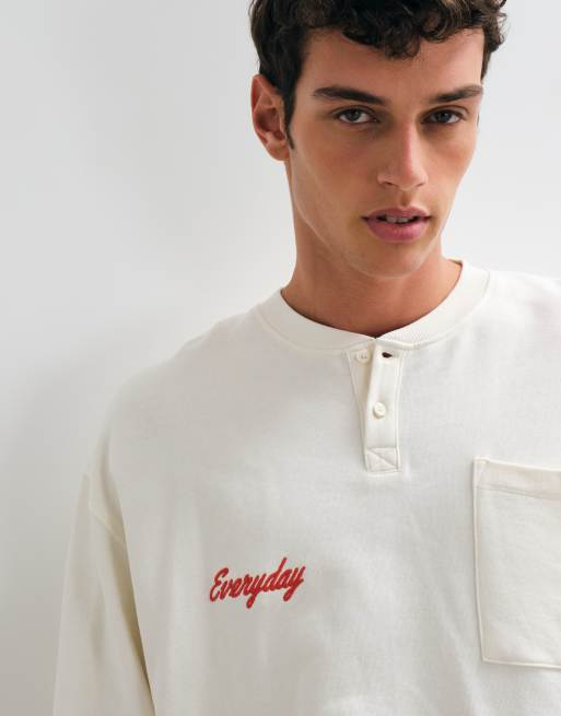 ASOS DESIGN oversized loopback bomber henley with embroidery in ecru, 4 of 5