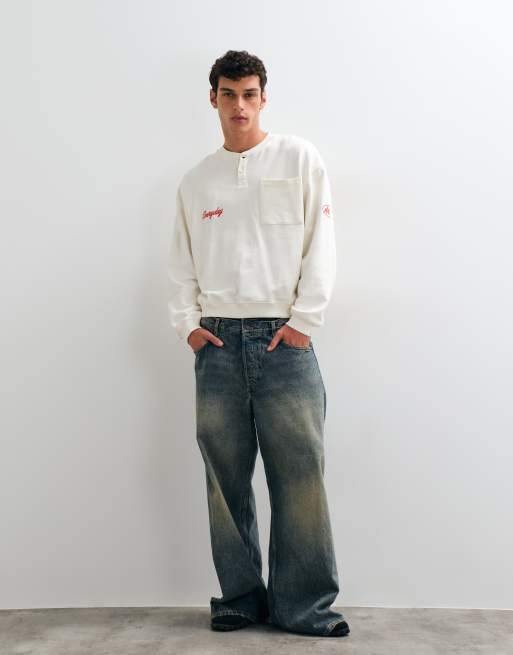 ASOS DESIGN oversized loopback bomber henley with embroidery in ecru, 5 of 5