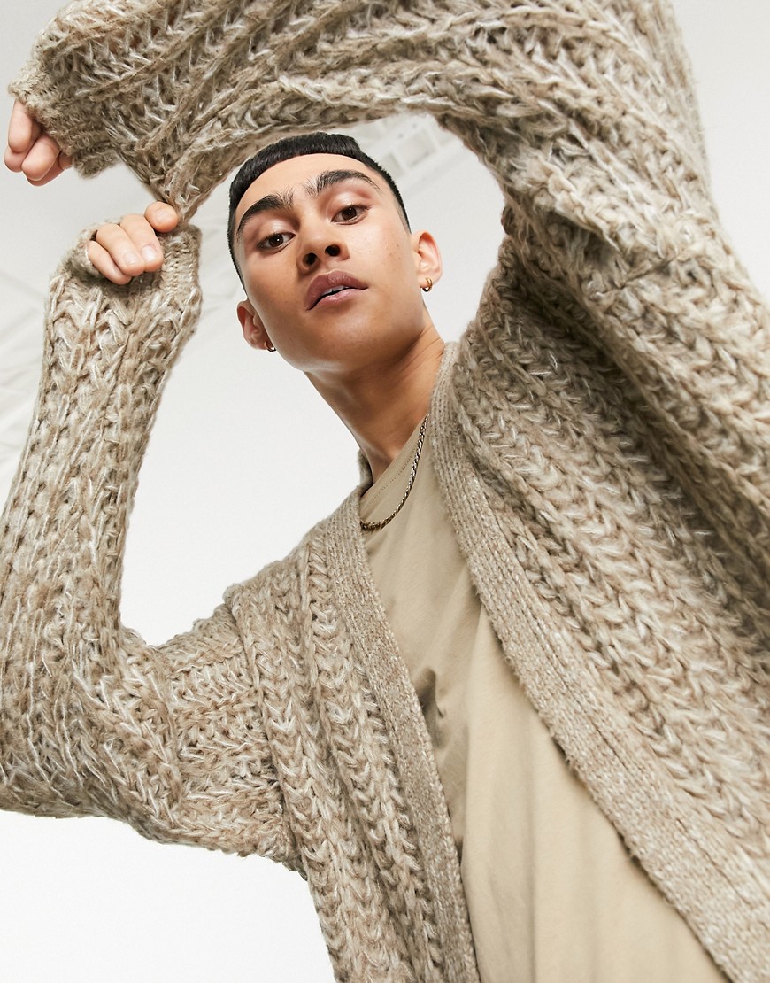 Asos Design Oversized Loose Stitch Cardigan In Oatmeal Textured Yarn-neutral