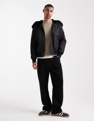 Asos Design Oversized Ma1 Bomber Jacket With Faux Fur Hood In Black