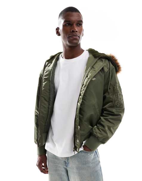 ASOS DESIGN oversized MA1 bomber jacket with faux fur hood in khaki - view 1