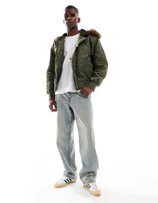 Asos Design Oversized Ma1 Bomber Jacket With Faux Fur Hood In Green