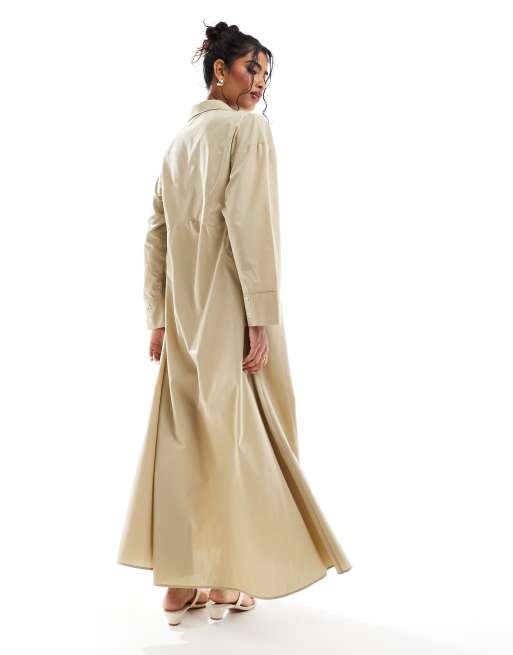 ASOS DESIGN - Oversized maxi-overhemdjurk met dubbele taillenaad in camel, 3 van 4