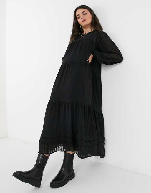 ASOS DESIGN oversized maxi smock dress in self check with pintucks in black