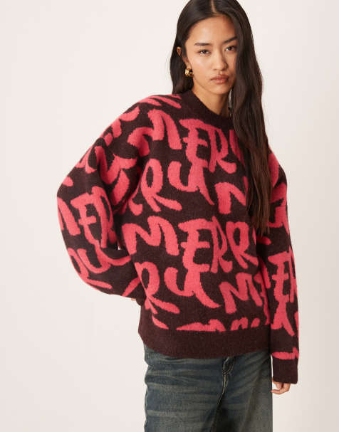 ASOS DESIGN oversized merry graphic jumper in dark brown - view 1