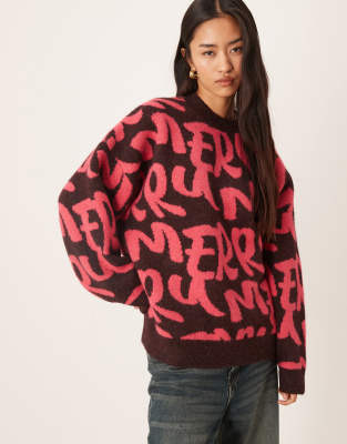 Asos Design Oversized Merry Graphic Sweater In Brown