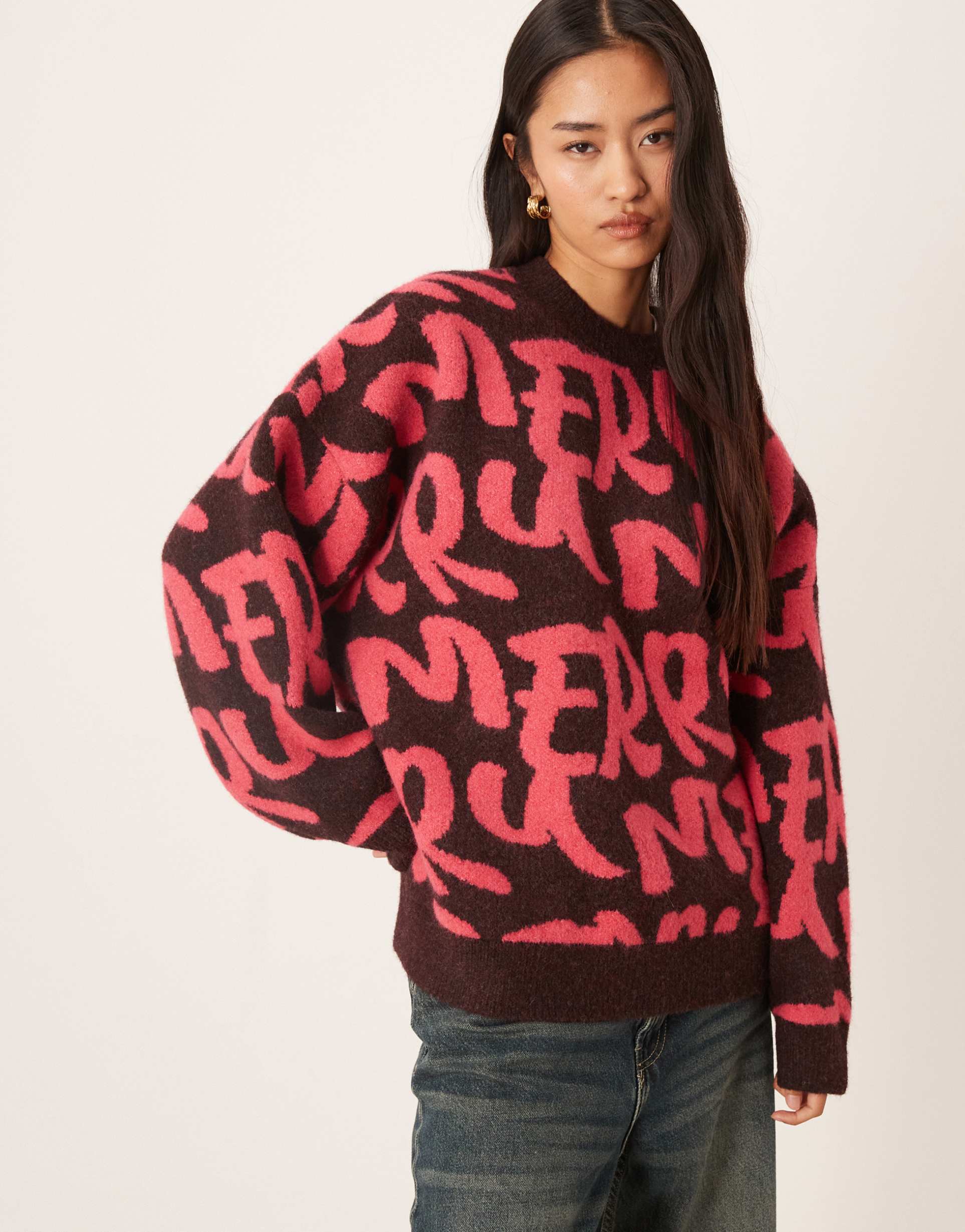 asos design oversized merry graphic sweater in dark brown