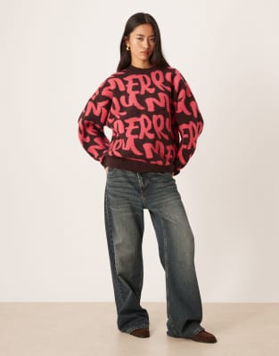 Asos Design Oversized Merry Graphic Sweater In Brown