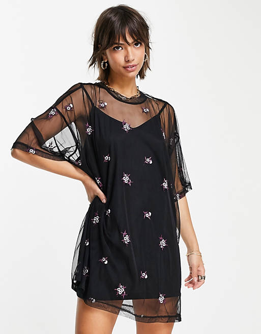 Women oversized mesh 2 in 1 t-shirt dress with floral all over embroidery 