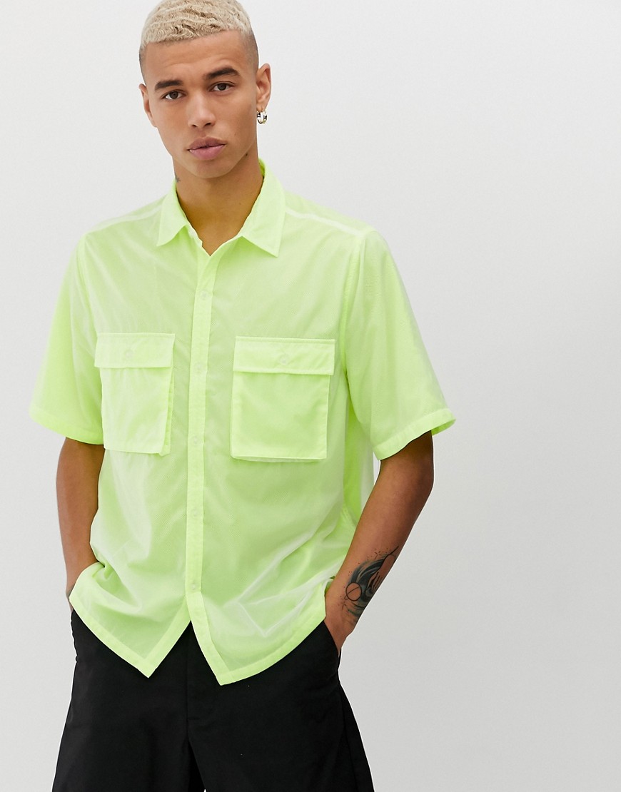 ASOS DESIGN oversized mesh & nylon double layer shirt with double pockets-Yellow