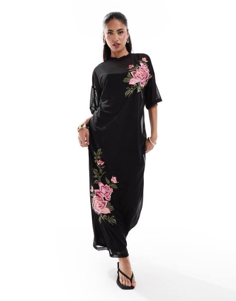 ASOS DESIGN oversized mesh tee midaxi dress with placement rose embroidery - view 1