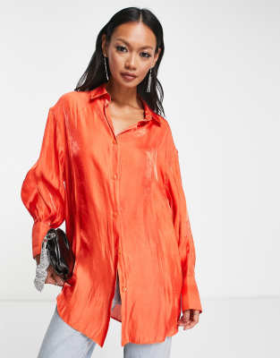 Asos Design Oversized Metallic Shirt With Volume Sleeve And Deep Cuff In Tomato Red