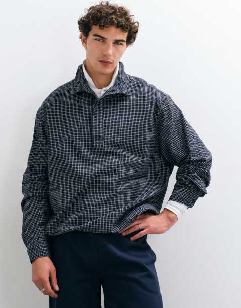 ASOS DESIGN oversized micro check shirt with funnel neck in black - view 1