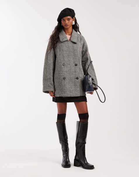 ASOS DESIGN oversized mid length pea coat in herringbone - view 1