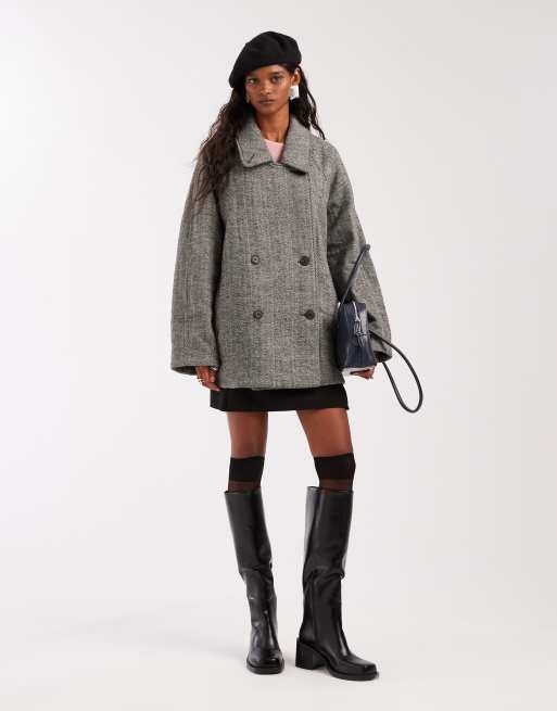 ASOS DESIGN oversized mid length pea coat in herringbone