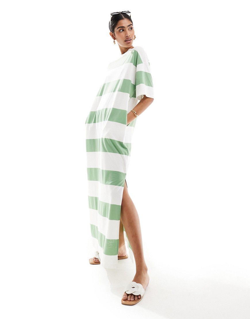 oversized midaxi t-shirt dress in cream and green stripe-Multi