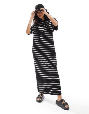 Asos Design Oversized Midaxi T-shirt Dress In Mono Space Stripe-multi