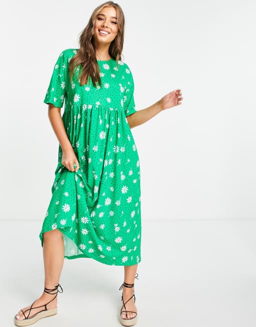 ASOS DESIGN – Oversized Midi-Hängerkleid in Grün mit kleinem Gänseblümchenmuster