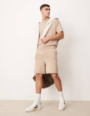 oversized midweight knit cotton shorts in stone - part of a set-Neutral