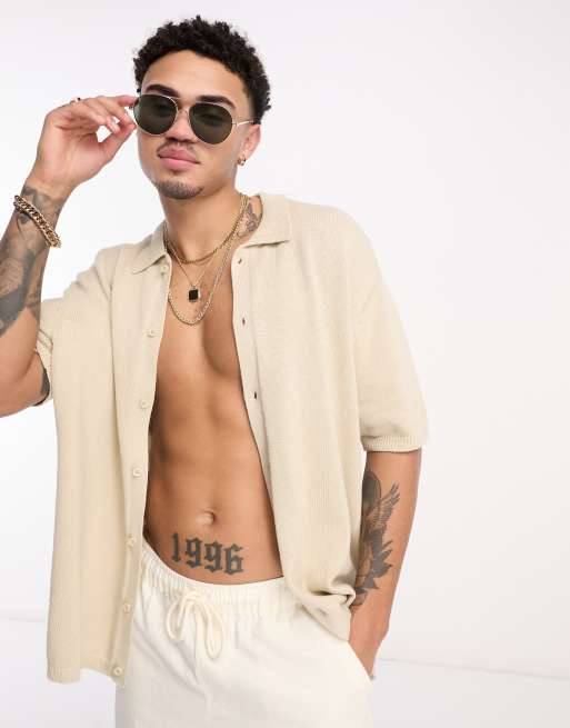 ASOS DESIGN oversized midweight knitted cotton button through polo in stone