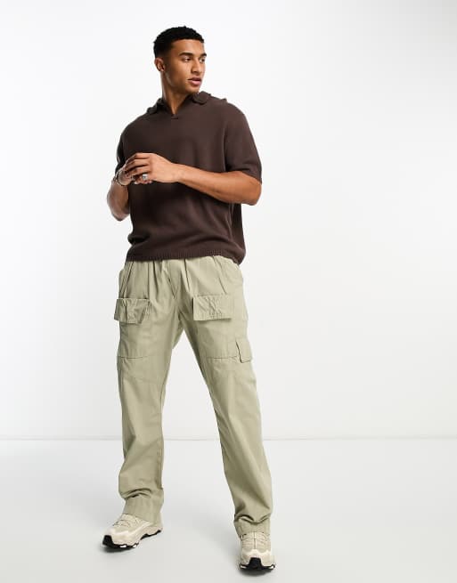 ASOS DESIGN oversized midweight knitted cotton notch neck polo in washed brown