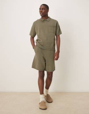 Asos Design Oversized Midweight Knitted Cotton Shorts In Khaki - Part Of A Set-green