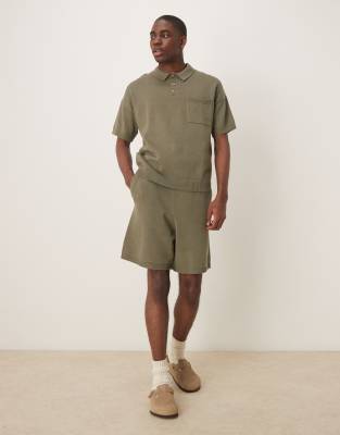 oversized midweight knitted cotton shorts in khaki - part of a set-Green