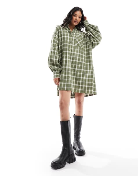 ASOS DESIGN oversized mini check shirt dress in khaki and cream check