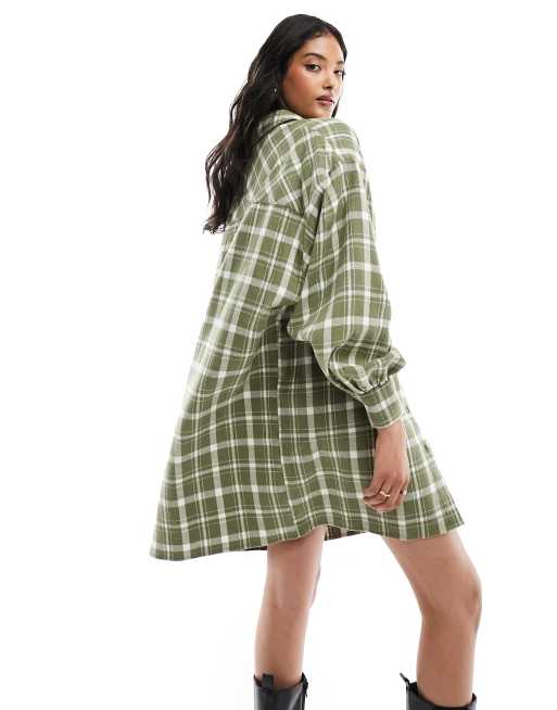 ASOS DESIGN oversized mini check shirt dress in khaki and cream check