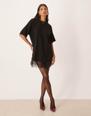 Asos Design Oversized Mini Dress With Lace Hem Trim In Black