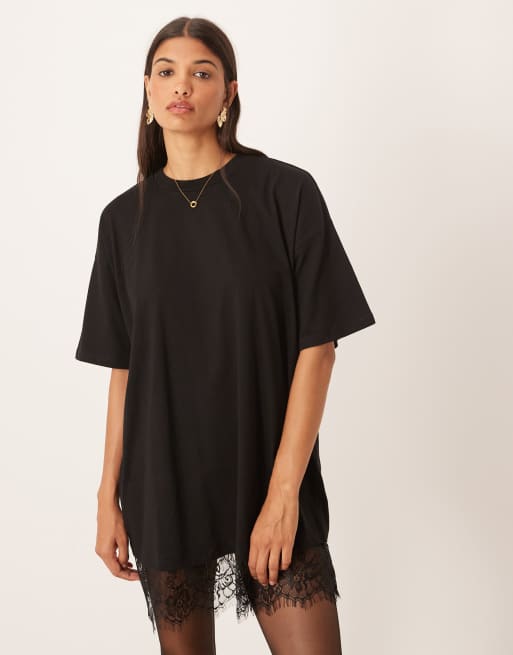 ASOS DESIGN oversized mini dress with lace hem trim in black