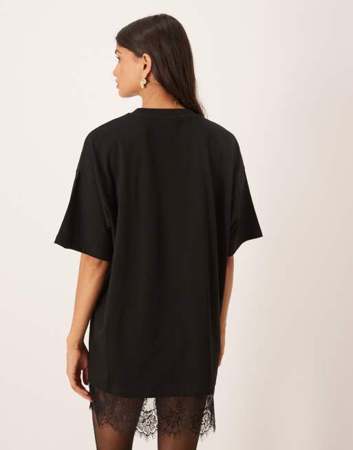 ASOS DESIGN oversized mini dress with lace hem trim in black