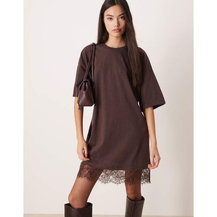 ASOS DESIGN oversized mini dress with lace hem trim in chocolate brown |  ASOS