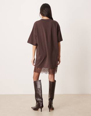 Asos Design Oversized Mini Dress With Lace Hem Trim In Brown