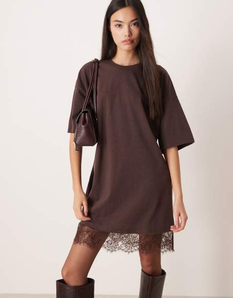 ASOS DESIGN oversized mini dress with lace hem trim in chocolate 